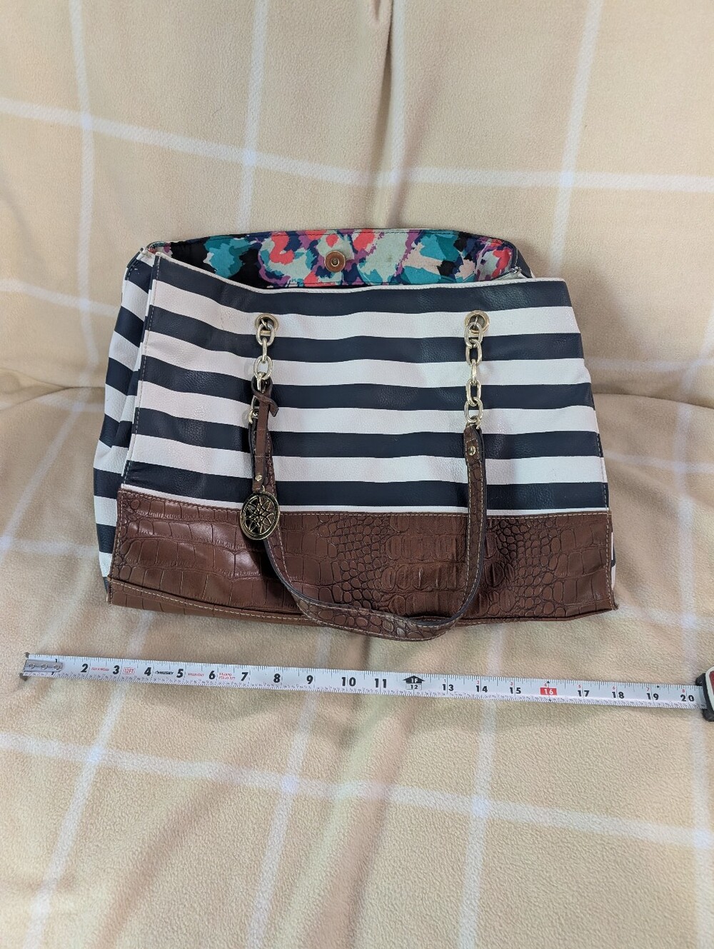 Striped Black & White Tote with Brown Croc-Textured Trim